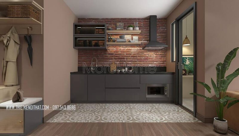 Bố trí nội thất phòng bếp nhỏ với đồ nội thất đa năng, thông minh, mang đến không gian sống thực sự tiện nghi hiện đại Mẫu nội thất chung cư đẹp