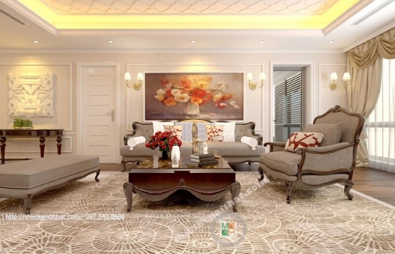 Bộ sofa phòng khách được tạo nên từ gỗ tự nhiên cao cấp với vân gỗ bắt mắt cùng màu nâu sậm đen rất đặc trưng. Mẫu nội thất chung cư đẹp