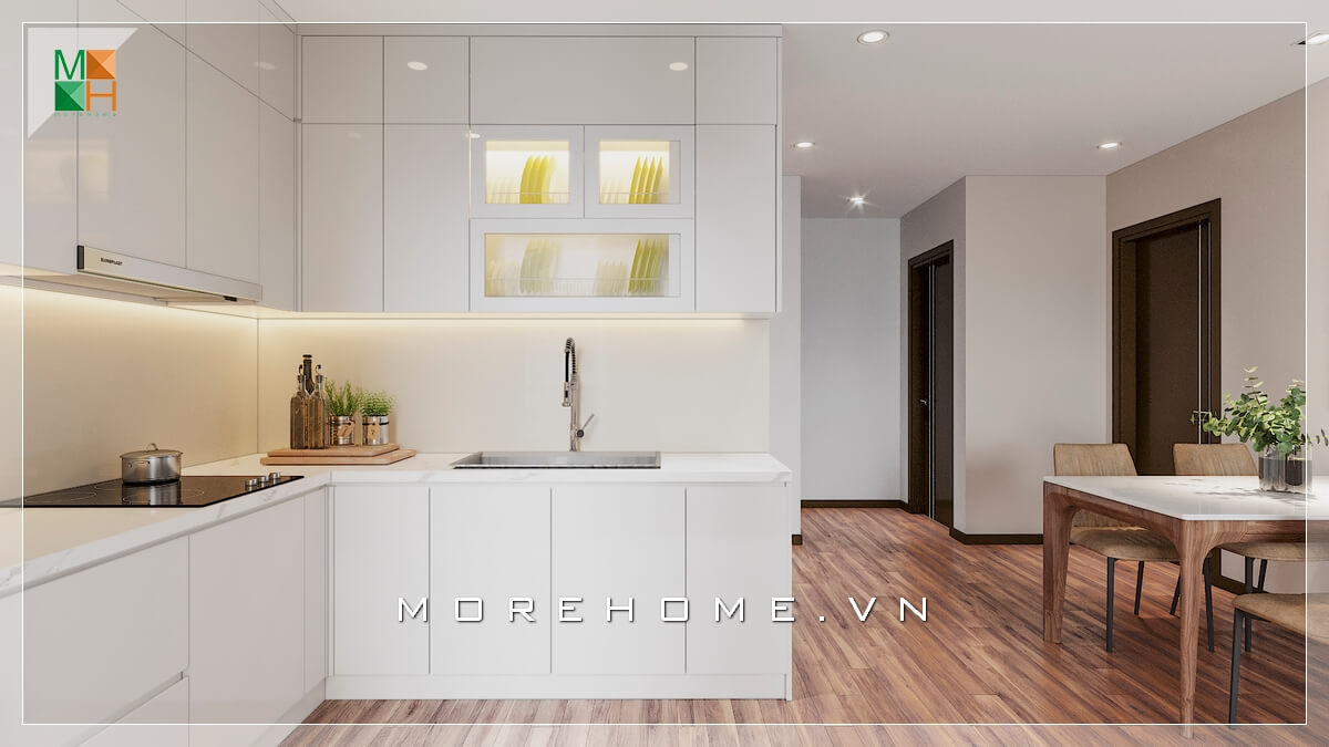 Morehome gợi ý cho bạn mẫu thiết kế nội thất phòng bếp hiện đại liền phòng ăn đẹp, đơn giản phù hợp cho không gian chung cư có diện tích hạn chế. Mẫu nội thất chung cư đẹp