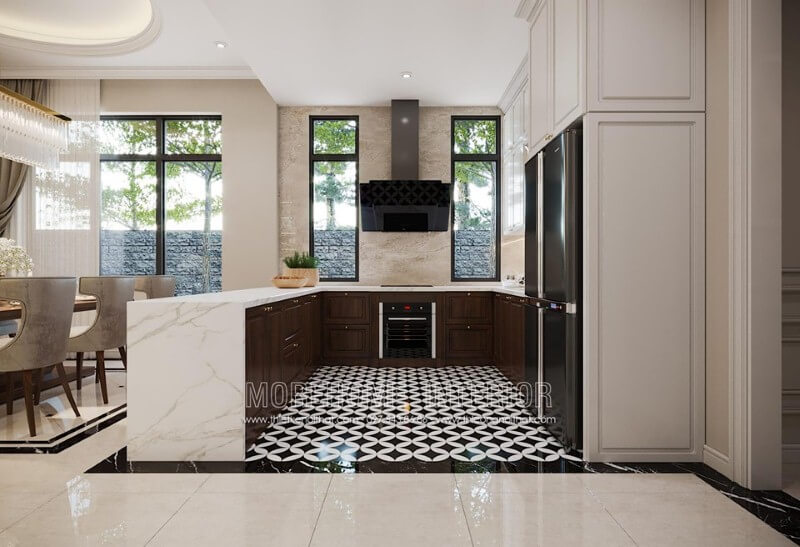 Đá ốp bếp tự nhiên cao cấp với đường vân mây độc đáo tạo vẻ đẹp sang trọng cho không gian bếp đương đại. Thiết kế nội thất phòng bếp