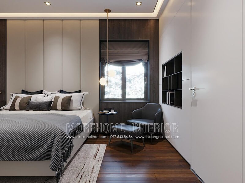 Đèn thả phòng ngủ đẹp vừa giúp gia chủ có giấc ngủ êm ái vừa tạo khoảng sáng cần thiết cho không gian đọc sách căn phòng. Thiết kế nội thất phòng ngủ biệt thự