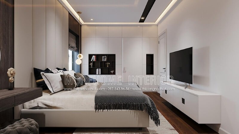 Thiết kế nội thất phòng ngủ đẹp nổi bật với tone trắng sang trọng. Thiết kế nội thất phòng ngủ biệt thự