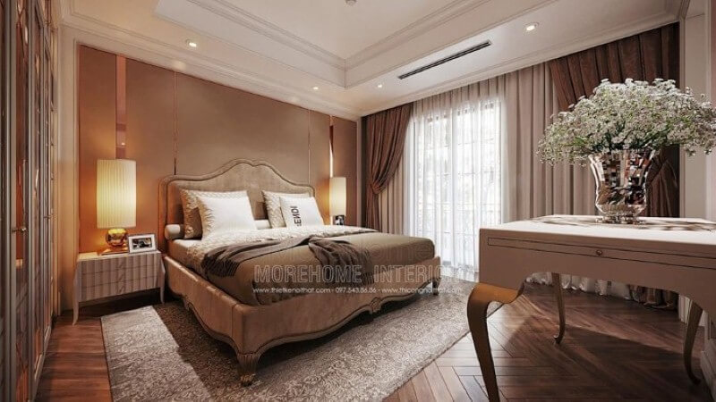 Giường bọc nệm phong cách tân cổ điển đẹp, sang trọng cho phòng ngủ master cao cấp. Thiết kế nội thất phòng ngủ biệt thự