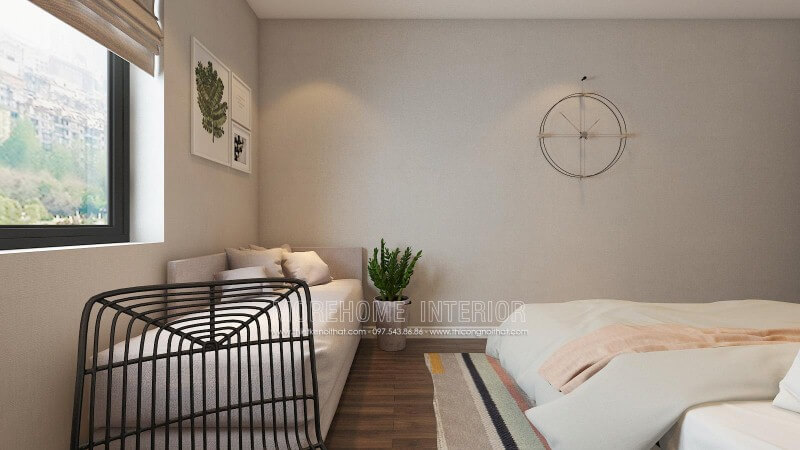 Ghế sofa dài màu ghi đẹp, hiện đại được bố trí ngay tại cửa sổ giúp bạn có thể tận hưởng cảm giác êm ái khi nắm nét đẹp sinh động từ tự nhiên ngay trong phòng ngủ của mình. Thiết kế nội thất phòng ngủ biệt thự