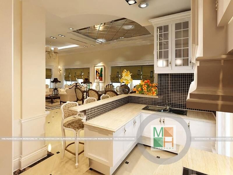 Mẫu tủ bếp tân cổ điển với thiết kế hình chữ L kết hợp với thiết bị bếp hiện đại tạo sự tiện nghi cho người nội trợ Tủ bếp gỗ, tủ bếp gỗ tự nhiên, tủ bếp tân cổ điển