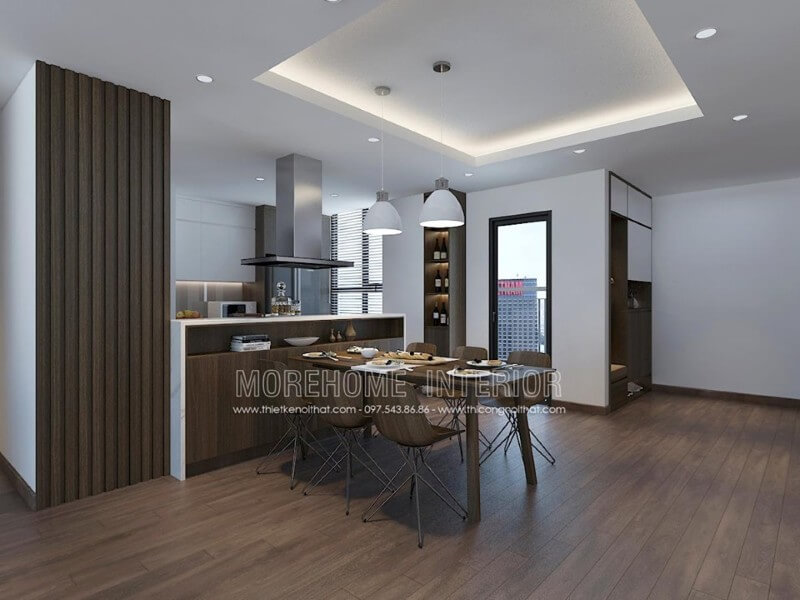Phòng khách liên kết trực tiếp với khu vực ăn uống, tạo không gian mở và sự thông thoáng cho căn chung cư Mẫu thiết kế nội thất chung cư đẹp