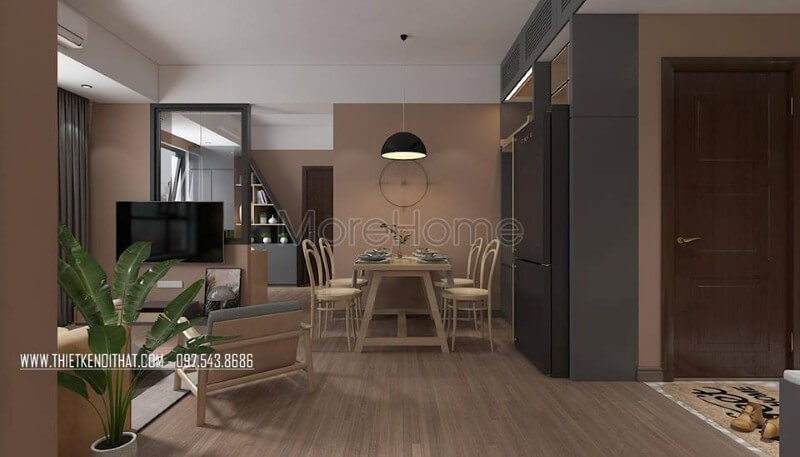 Khu vực ăn uống được liên kết trực tiếp với phòng khách để tiết kiệm diện tích và tăng sự liên kết cho không gian Mẫu thiết kế nội thất chung cư đẹp