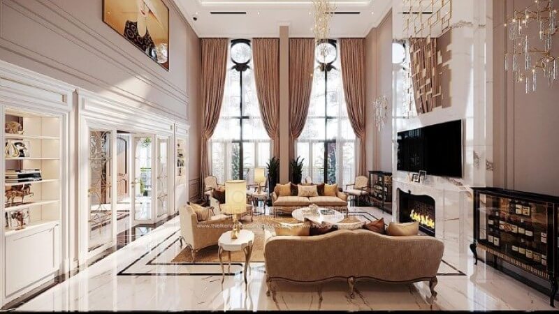 Thiết kế nội thất phòng khách tân cổ điển đẹp, sang trọng tại Vinhomes Imperia Hải Phòng. Thiết kế nội thất phòng khách biệt thự