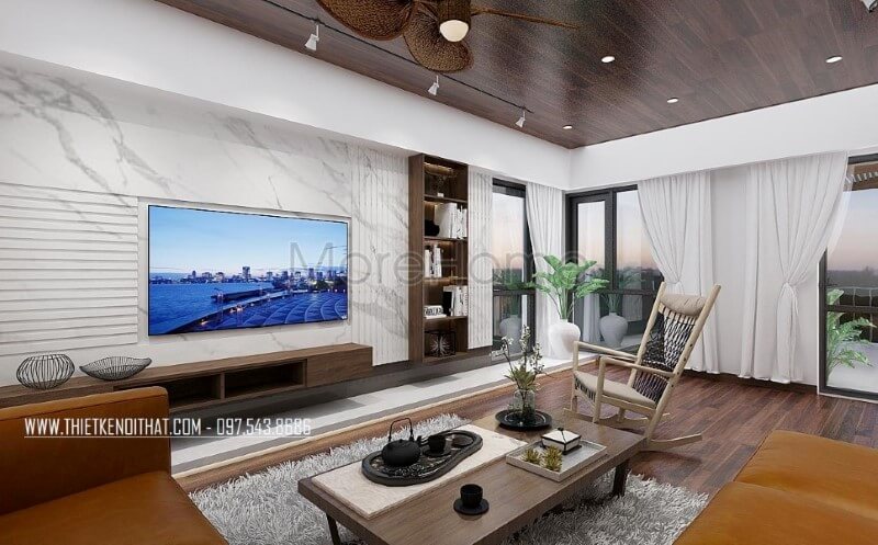 Đá ốp tường vân mây điểm nhấn ấn tượng cho phòng khách hiện đại, sang trọng. Thiết kế nội thất phòng khách biệt thự