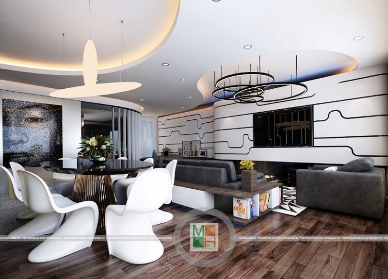 Mẫu thiết kế chung cư cao cấp với màu sắc chủ đạo là màu nâu veneer trầm mang đến cảm giác sang trọng và ấm cúng cho không gian nhà. Thiết kế chung cư