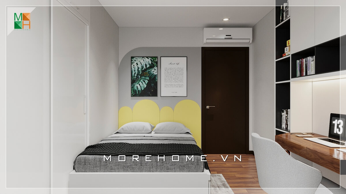 Mẫu giường sofa bọc vải khung gỗ hiện đại bố trí rất phù hợp với không phòng ngủ nhỏ chung cư, nhà phố. Thiết kế chung cư