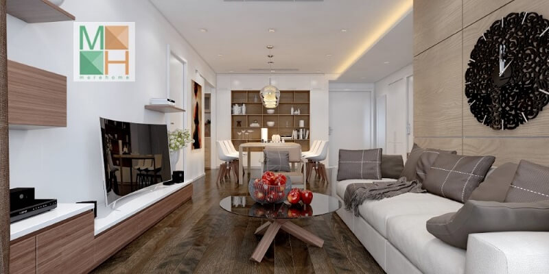 Mẫu thiết kế phòng khách hiện đại với cách bố trí đồ nội thất khoa học hợp lí sử dụng các tủ gỗ đa năng vừa đảm bảo tính thẩm mỹ vừa mang lại sự thuận tiện cho gia chủ.