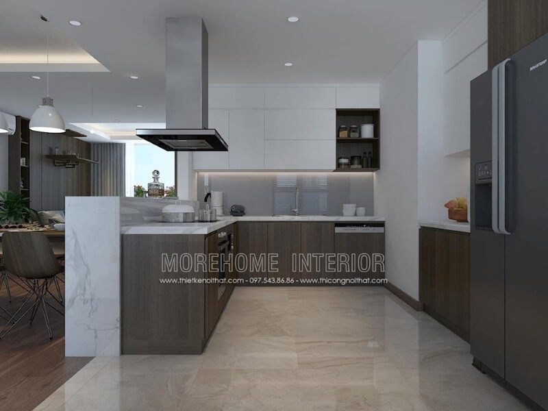 Thiết kế nội thất phòng bếp chung cư với đồ nội thất bố trí khoa học hiện đại
