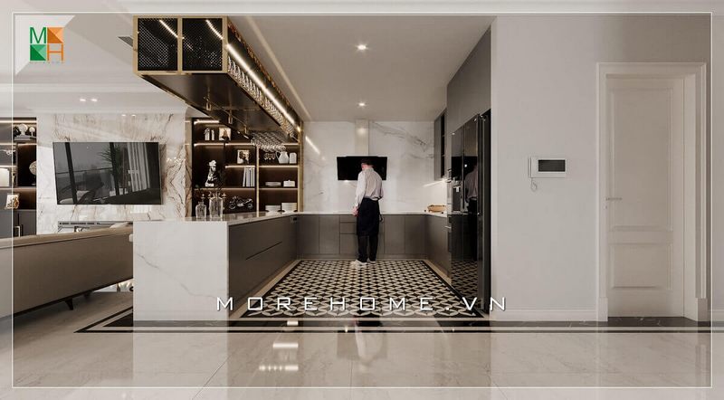Chiêm ngưỡng mẫu thiết kế không gian bếp đẹp, tiện nghi, hiện đại, sang trọng cho chung cư, nhà phố, biệt thự. Ấn tượng cách bày trí bếp khoa học và hiện đại. Thiết kế bếp có quầy bar vừa thể hiện sự ngăn cách không gian tiện lợi vừa có tính thẩm mỹ cao.