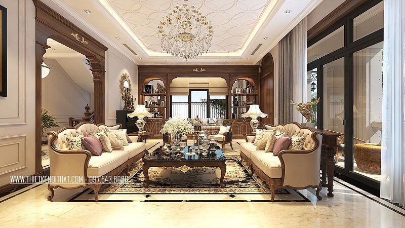 Mẫu bàn trà gỗ cao cấp màu nâu trầm kết hợp với bộ sofa da tân cổ điển mang đến vẻ đẹp sang trọng, đẳng cấp cho phòng khách.