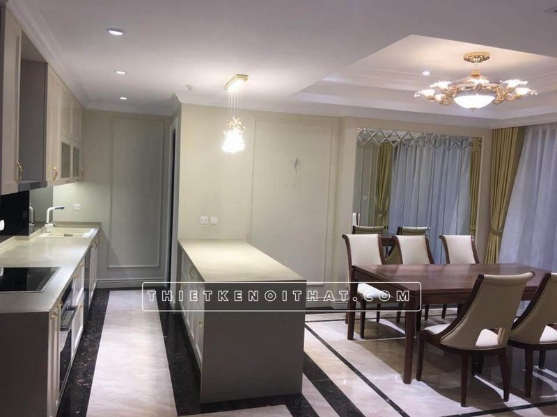Nội thất gỗ óc chó cao cấp cho phòng ăn chung cư tân cổ điểnsang trọng