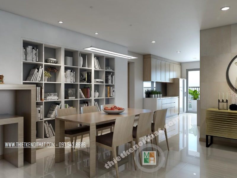 Thiết kế phòng ăn chung cư hiện đại với bộ bàn ăn gỗ công nghiệp đơn giản tinh tế kết hợp với kệ sách gỗ liền kề.