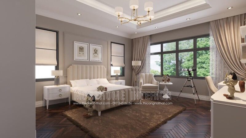 Trang trí nội thất phòng ngủ con ấn tượng với giường ngủ màu trắng sữa, kết hợp đồ nội thất khác tạo nên sự năng động và trẻ trung