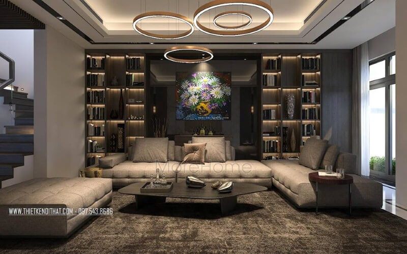 Bộ sofa da cao cấp tone nâu sang trọng, ấm áp với các nút thắt tỉ mỉ tinh tế xứng đáng là trung tâm nội thất phòng khách biệt thự, nhà phố.