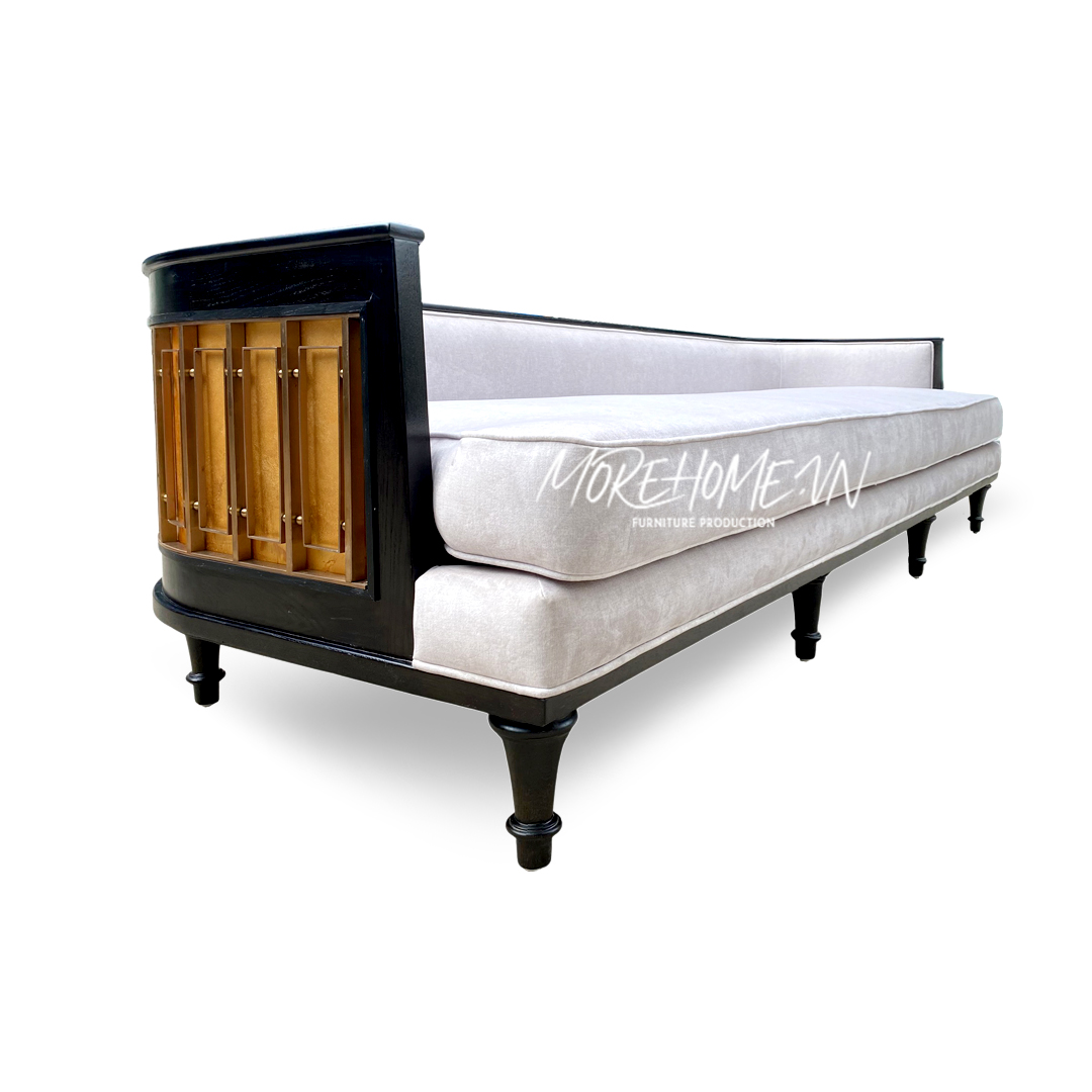 Thiết kế mẫu sofa dài gỗ tự nhiên Sồi sơn màu đen kết hợp bọc nỉ cao cấp