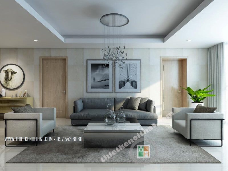 Bàn trà phòng khách hiện đại được làm từ gỗ công nghiệp tráng giương màu trắng, tạo nên vẻ đẹp tinh tế và sang trọng.