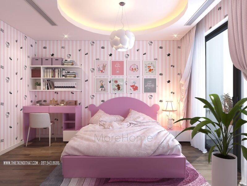 Nội thất phòng ngủ cho bé gái được thiết kế với tông màu hồng nhẹ nhàng và nữ tính.