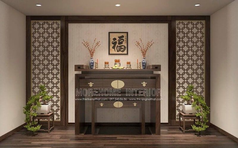 Giấy dán tường màu vàng kim hoa văn cổ điển mang lại sự sang trọng và đẹp mắt cho phòng thờ gia tiên.