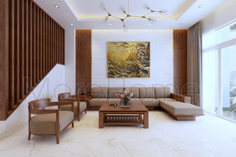 Nhà phố được thiết kế với nội thất gỗ tự nhiên cao cấp giúp phòng khách trở nên sang trọng và gần gũi với thiên nhiên.