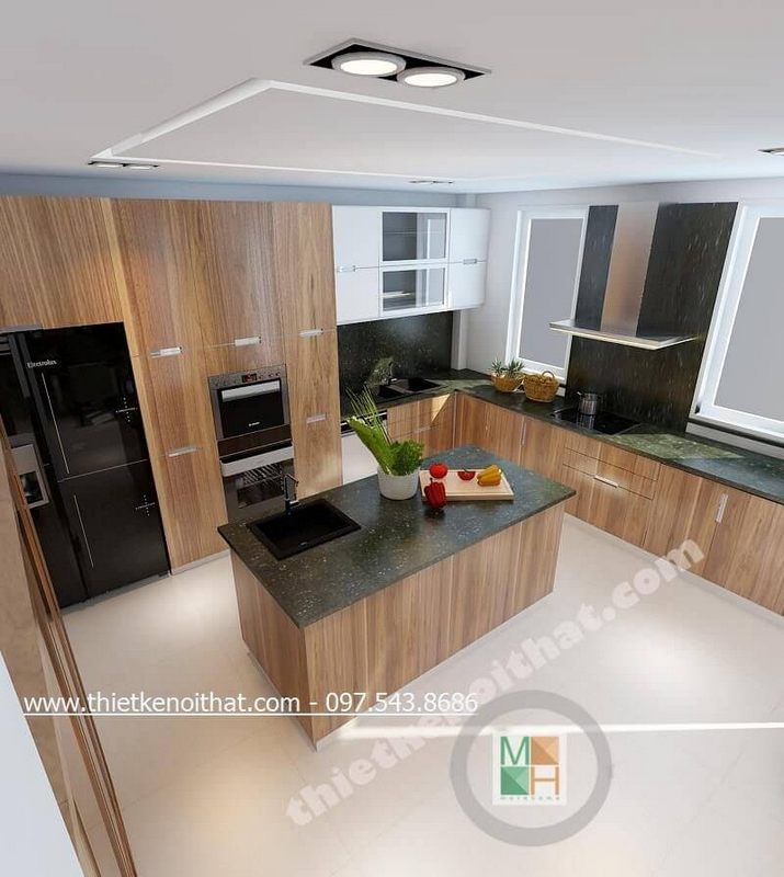 Bàn đảo bếp có thiết kế đặc biệt, được làm từ gỗ công nghiệp và được ốp mặt bằng đá tự nhiên cao cấp.